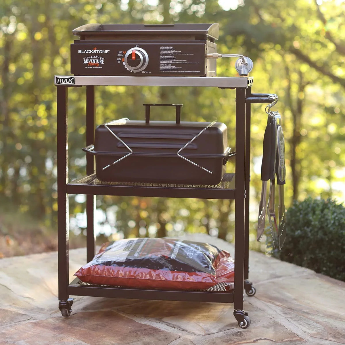 Outdoor barbecue food truck, 32" x 32" stainless steel pizza oven table, mobile barbecue kitchen food preparation cart with double-tiered shelves, suitable for garden patios