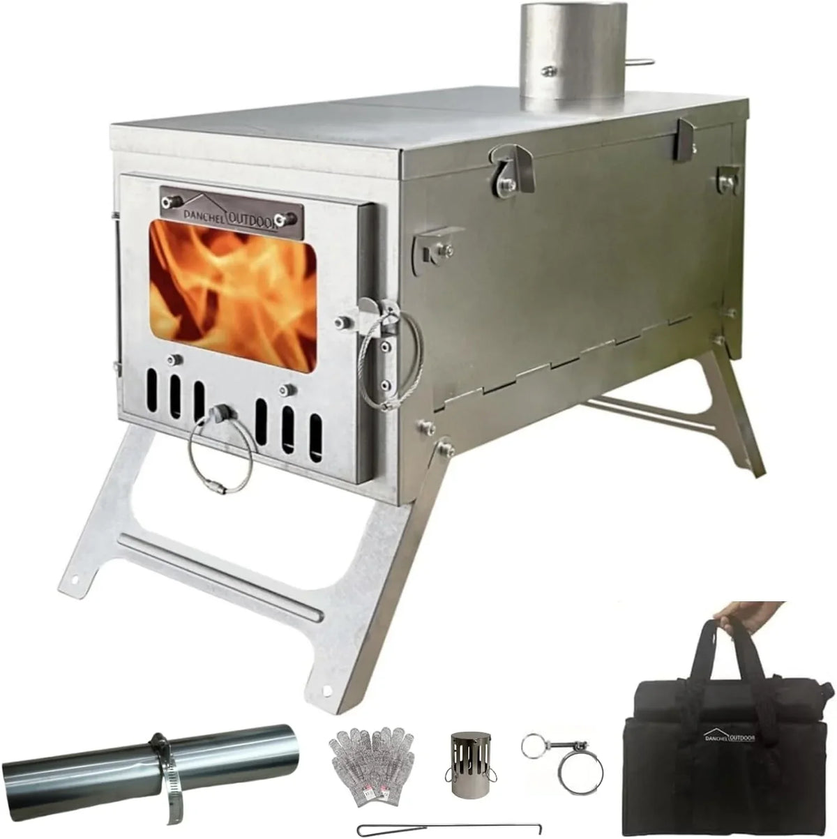 Titanium alloy tent wood stove for camping, 2 kilograms, foldable, lightweight and compact portable heat tent stove, comes with a 2.2-meter chimney, suitable for winter backpacking camping.