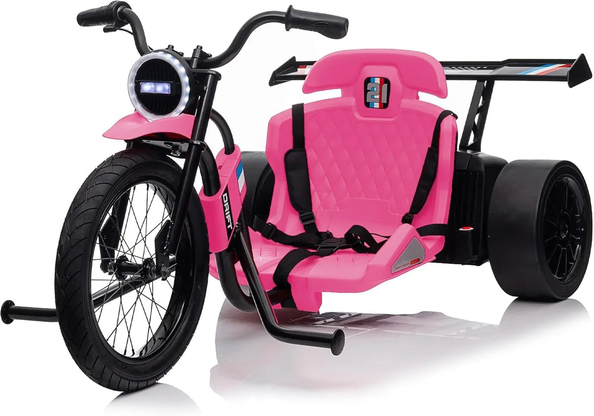 Children's electric drift tricycle, three-wheel electric drifting bicycle, equipped with LED lights, 16-inch inflatable tires, battery-powered, suitable for boys and girls aged 8 and above, outdoor electric driving vehicle (black)