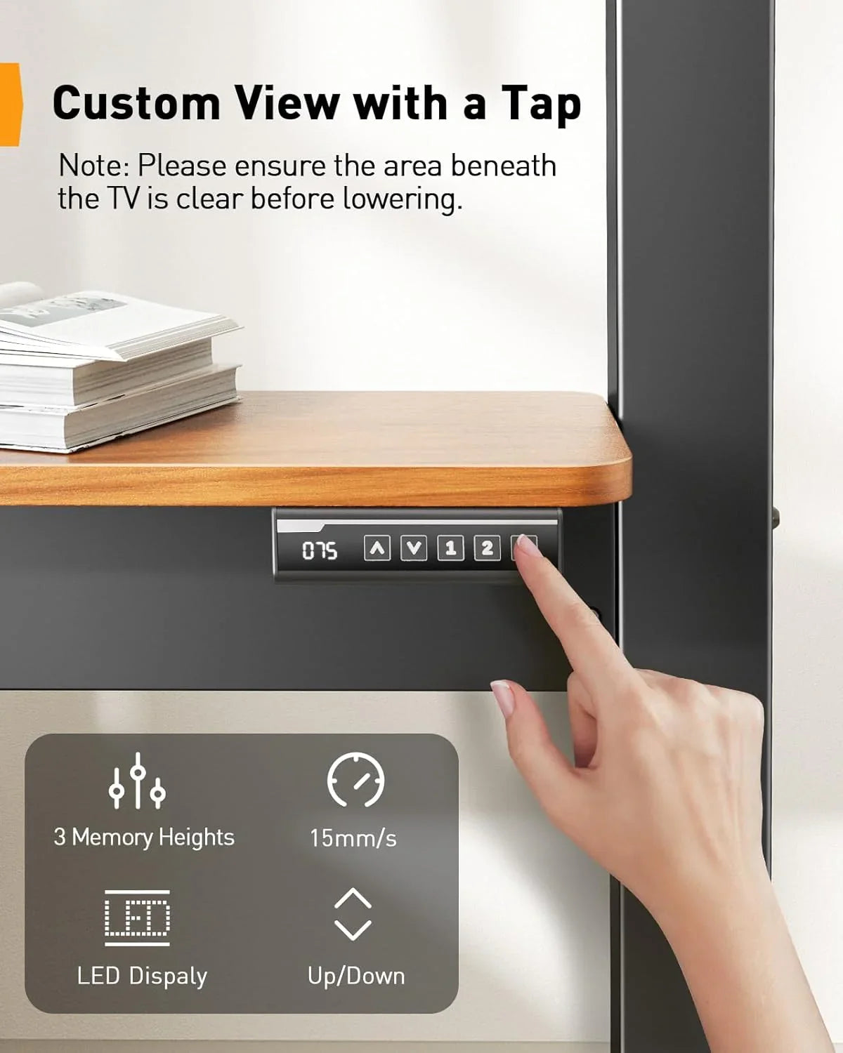 Motorized Mobile TV Stand on Wheels for 37–86 Inch TVs up to 154 lbs, Electric Height Adjustable Rolling TV Stand, VESA 200x200–600x400mm, Wooden Shelf & Panel, PGTVMC26B