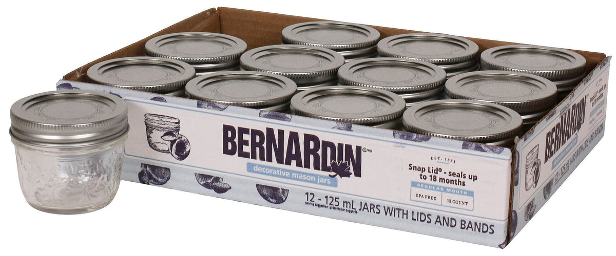 Bernardin Regular Mouth Decorative Glass Mason Jars with Snap Lids, 125 mL, 12 Count