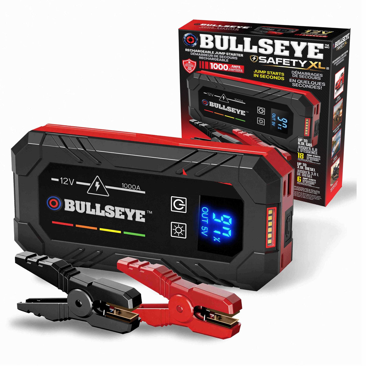 Bullseye Safety XL 1000A 12V Car Jump Starter, Portable Booster with Jumper Cables, 6.0-L Gas & 3.0-L Diesel, 1800mAh Rechargeable