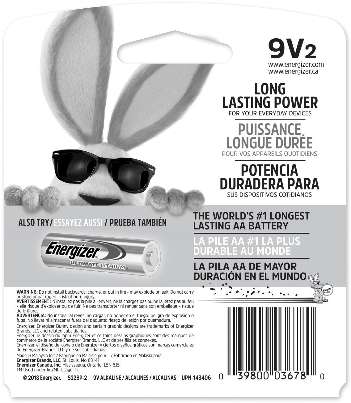 Energizer Max 2-pk 9V / 9 Volt Alkaline Batteries, Long Lasting, All Purpose