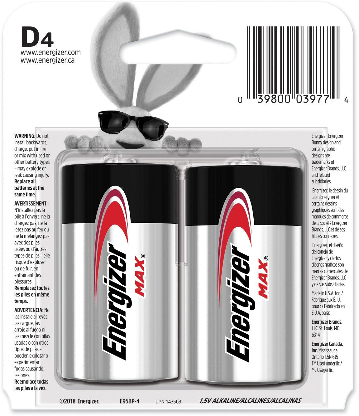 Energizer Max 4-pk D Alkaline Batteries, Long Lasting, All Purpose