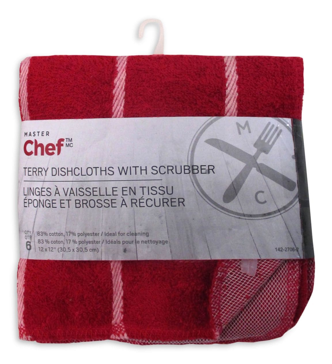 MASTER Chef Terry Cotton Checkered Dishcloths, 12-in x 12-in, Red, with Scrubber, 6-pk