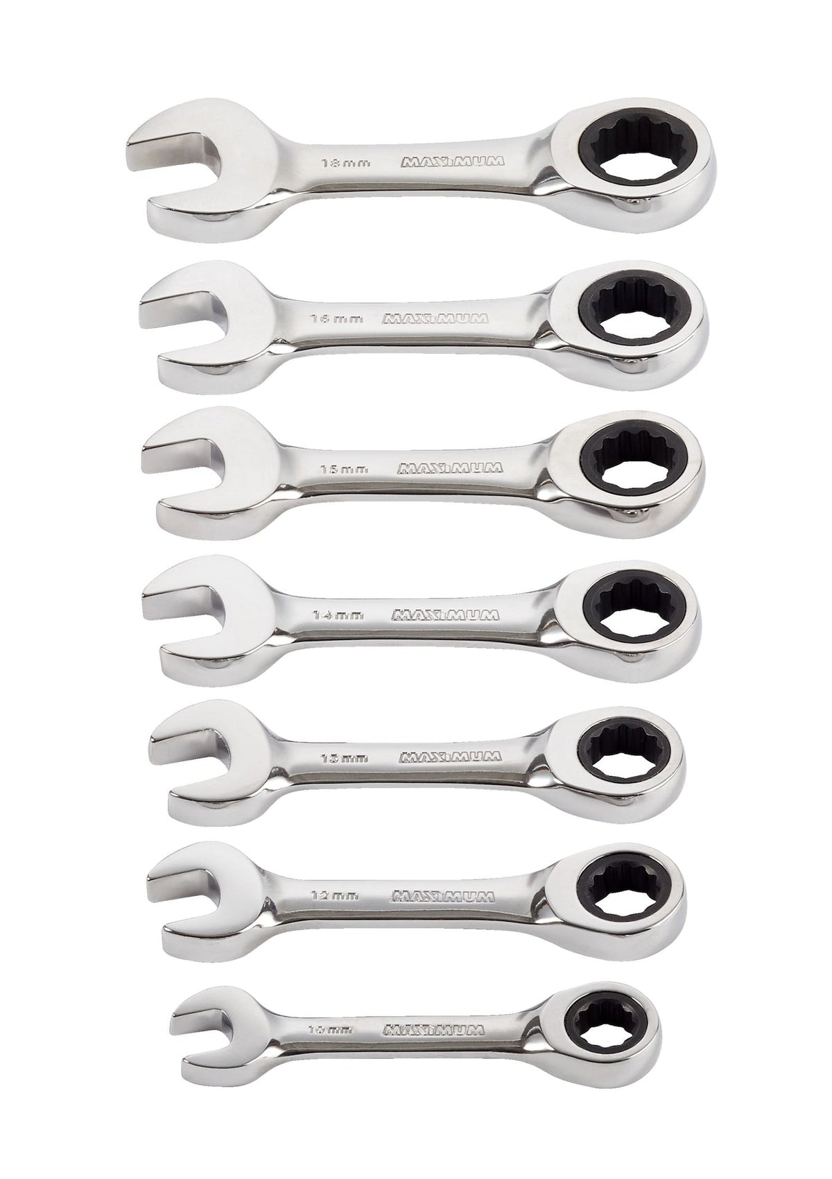 MAXIMUM Stubby Ratcheting Wrench Set, Metric, Nickel-Chrome Plating, 7-pc