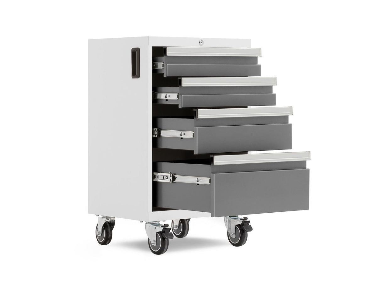 NewAge Bold 3.0 Series Lockable 4-Drawer Rolling Tool Cabinet, Fully-Welded, 600-lb Capacity, White/Platinum, 21-in