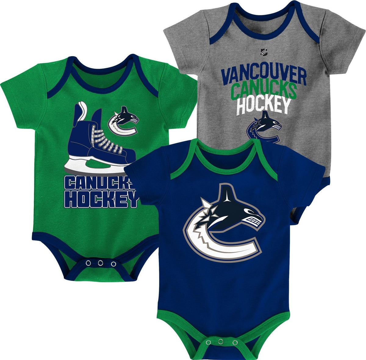 NHL Vancouver Canucks Infant/Baby Bodysuit Onesie, Blue/Green/Grey, 3-pk