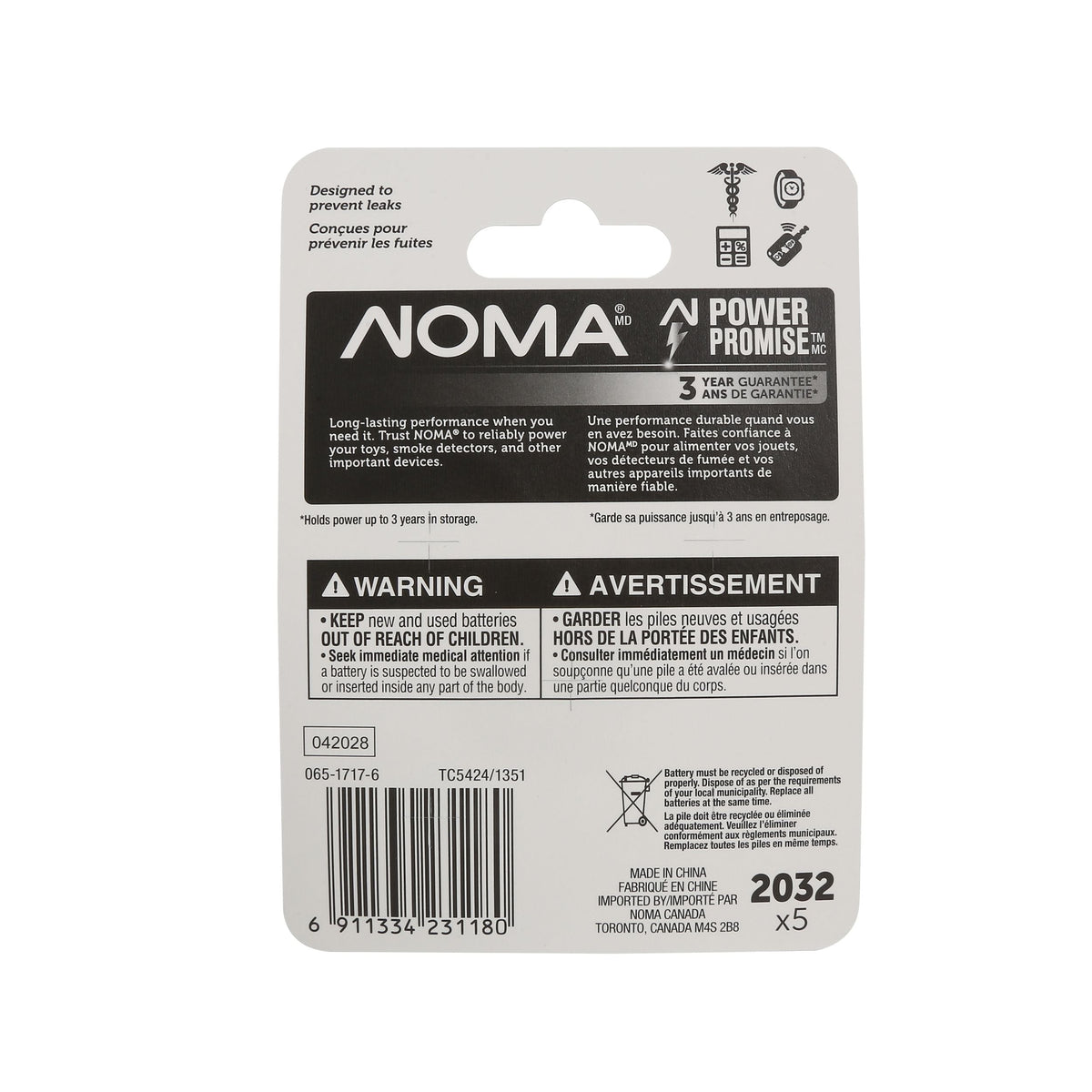 NOMA CR2032 3V / 3 Volt Lithium Coin Cell Batteries, Long Lasting, 5-pk