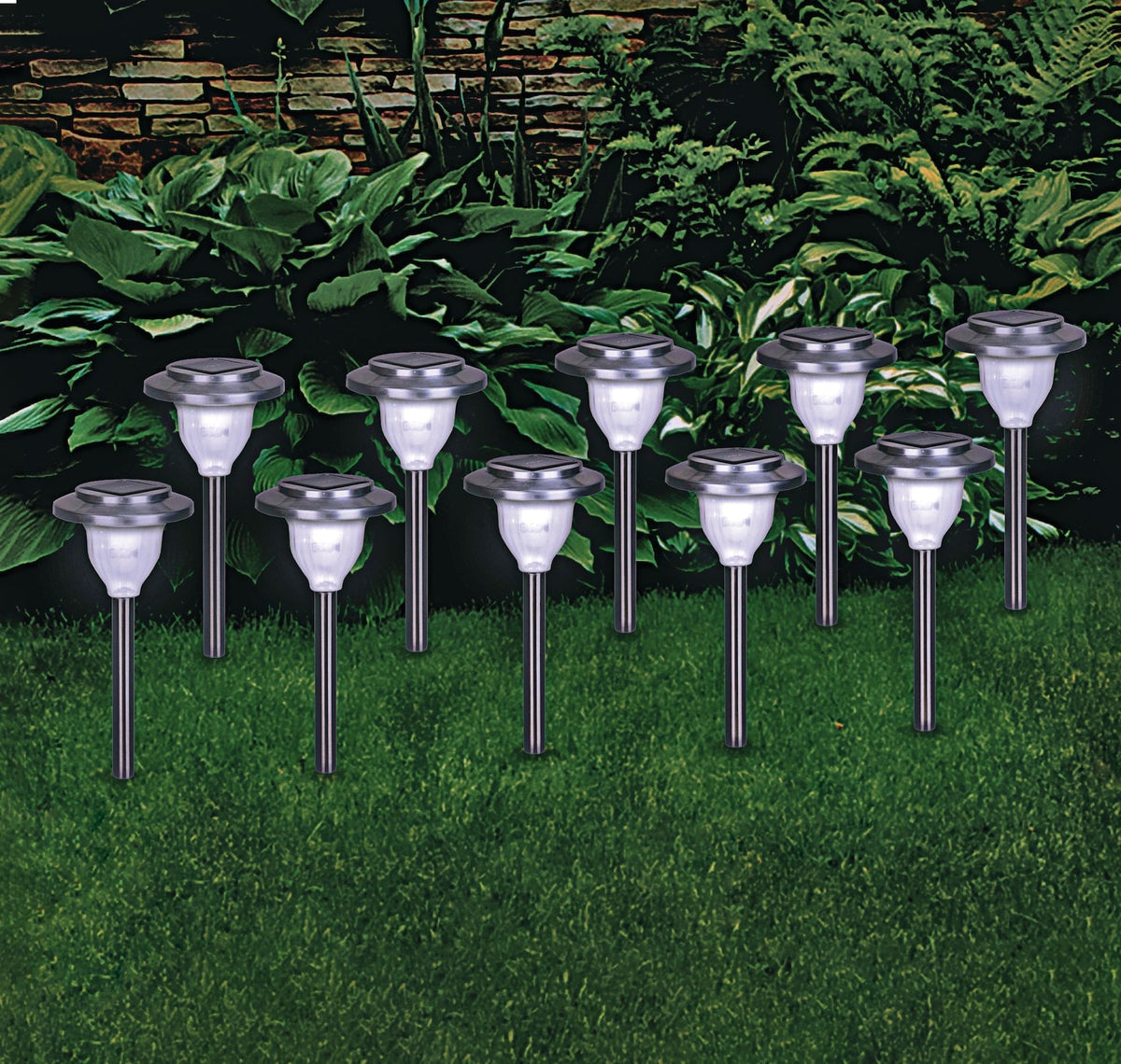 NOMA Outdoor Pure White LED Solar Stainless Steel Garden & Pathway Stake Lights, 10-Pk