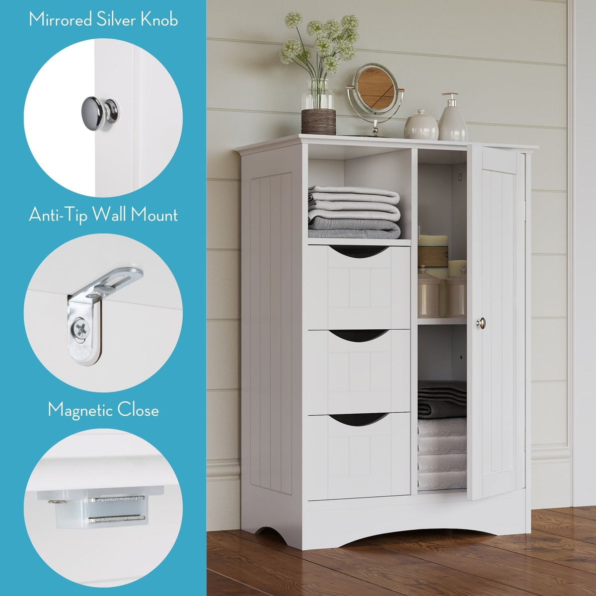 RiverRidge Home Ashland Single Door Bathroom & Laundry Storage Cabinet with 3 Drawers, Open Cubby & Adjustable Shelf, White