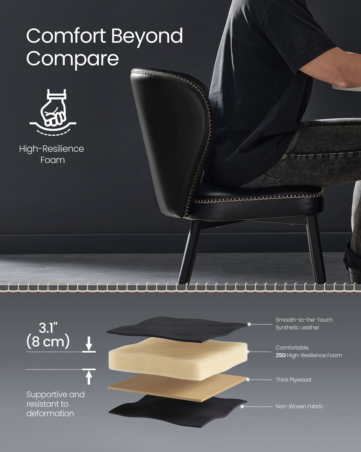Songmics Home Mid-Century Modern Black Dining Chairs Set, 2-pk