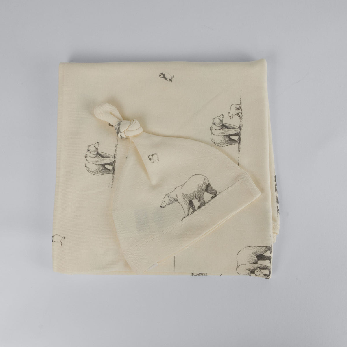 The Elk Baby Polar Bear Print Premium Organic Cotton Blanket and Beanie Set