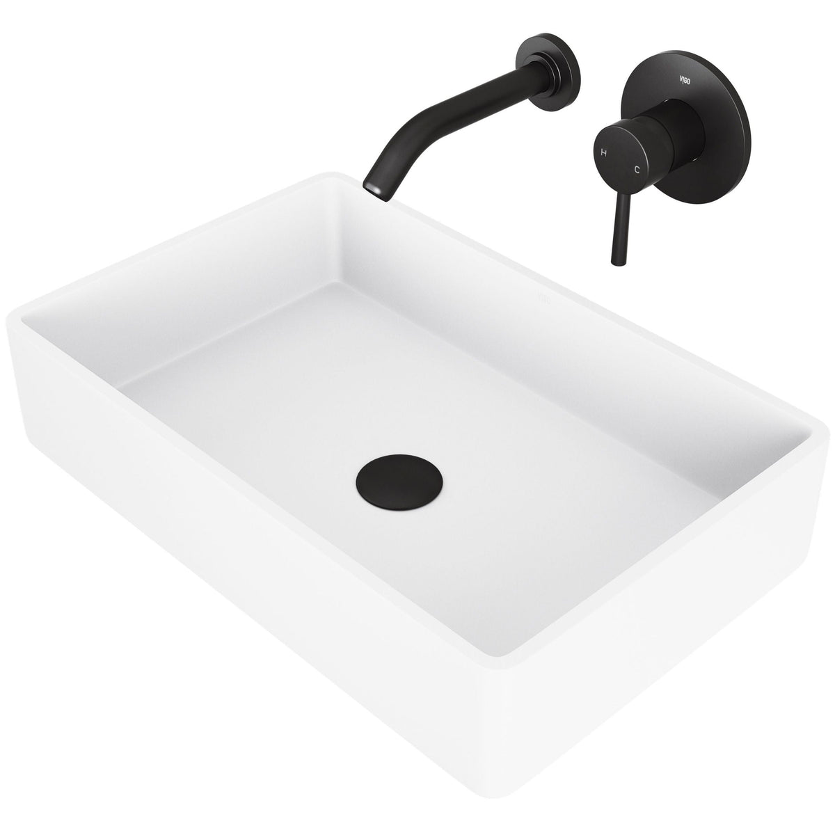 VIGO Magnolia MatteStone White Bathroom Sink/Basin Set with Olus Wall Mount Faucet and Rectangular Composite Vessel
