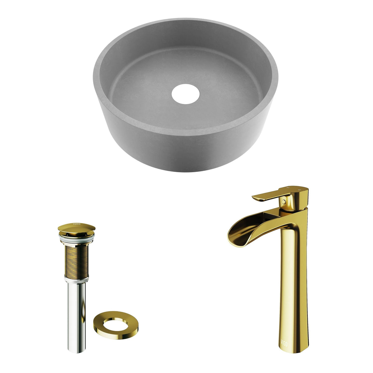 VIGO Palermo Gothic ConcretoStone Ash Grey Bathroom Sink/Basin Set with Niko Faucet and Round Vessel