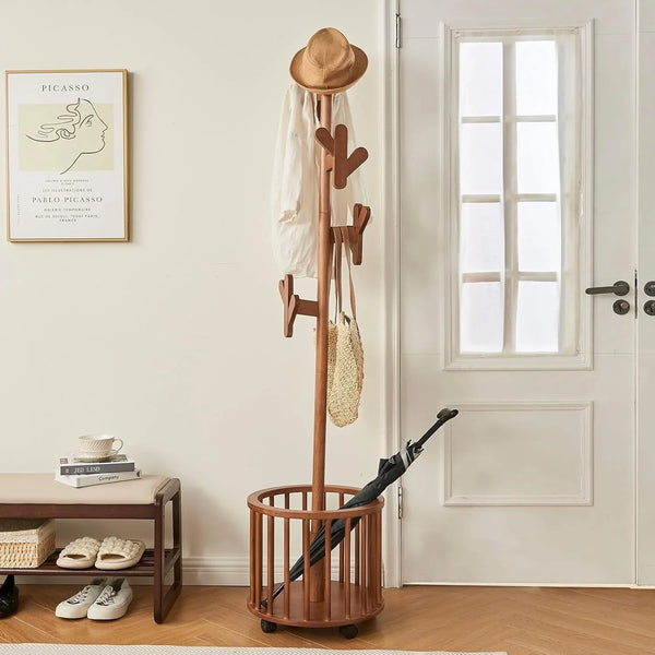 Wood Coat Rack Freestanding - Wooden Coat Tree Hat Rack with 12 Hooks, Clothes Coats Hanger Stand Rolling Racks with Umbrella Holder Wheels for Bedroom Entryway Hallway Livingroom (Walnut) U8