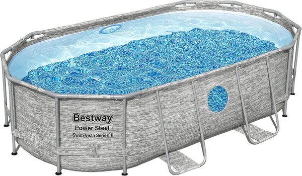 The robust steel swimming pool "Horizon Series II" - a 14 feet x 8 feet 2 inches x 39.5 inches outdoor above-ground pool package, equipped with a 530 liter/minute filtration pump, ladder and pool cover. Z1
