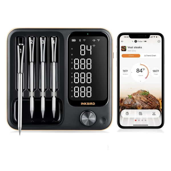 True wireless meat thermometer, equipped with 4 probes, Bluetooth meat thermometer, with backlit LCD display, Wi-Fi-enabled smart food thermometer, rechargeable, suitable for barbecue grills, charcoal grills, ovens, and rotating barbecue racks. Q3