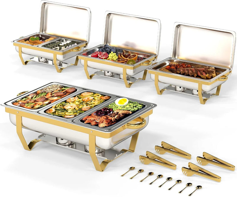 4 Pack Stainless Steel Chafing Dishes for Buffet, 9 QT Capacity 7 Pans Food Warmers for Parties, Weddings, Events Hosting, Family Gatherings, Full Set Catering Server with Serving Utensils Accessories N7
