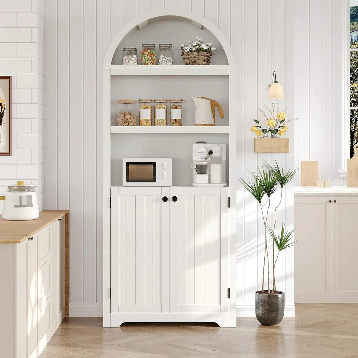 72'' Tall Farmhouse Bookcase, 5 Tier Arched Bookshelf with Double Doors & Adjustable Shelf, Display Storage Shelves, for Bedroom, Living Room, Home Office