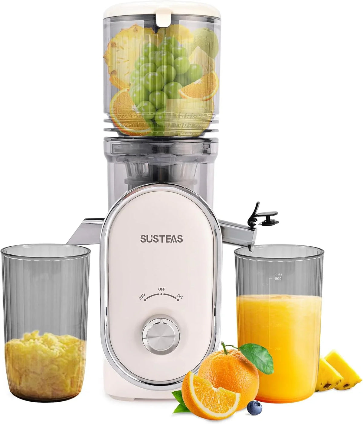 Cold press juicer, 5.3-inch feed opening, slow-speed mixing type machine, power 300 watts, capable of extracting whole fruits and vegetables, easy to clean, high juice output, white appearance