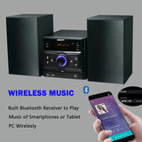 Bluetooth Stereo System, CD Player, Wireless Streaming, MP3, USB, Audio in, FM Radio, 30W, Micro Sound System