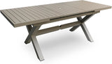 Extendable Patio Dining Table for 6-8, 63''-83'' Outdoor Aluminum Table w/Umbrella Hole, Rectangle Slatted Tabletop, Metal X-Trestle for Meals Garden Deck Backyard Gathering Party - Light Brown