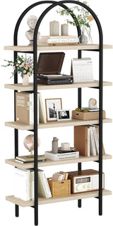 Yusong Bookshelf Rattan Arched Bookcase, 74" Tall Industrial Open Book Shelves for Living Room, Modern Freestanding Boho 5 Tier Display Storage Rack with Metal Frame, Office, Bedroom, Burlywood