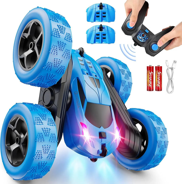 Children's version remote control car (suitable for children over 6 years old), RC car stunt toy, four-wheel drive, double-sided design, 360° rotating remote control, with headlights, is a birthday or Christmas gift for boys aged 6, 7, 8, 9, 10, 11, Q8
