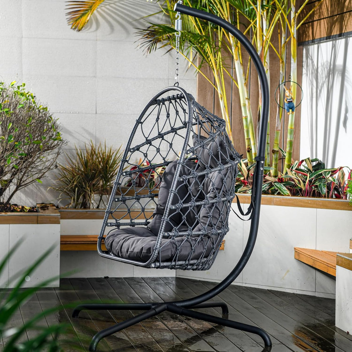 Indoor and outdoor egg-shaped rocking chairs with frames and covers, garden rattan hanging chairs, capacity 450 pounds, with UV-protective cushions, suitable for bedrooms, outdoor balconies, courtyards or living rooms (dark gray)