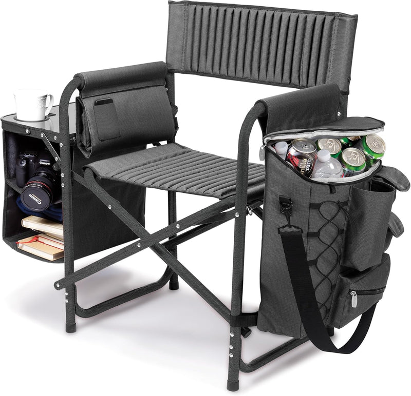 The "Picnic Time" brand's outdoor folding chairs with a unique design feature a grey base and a black frame. The dimensions are 33 x 7 x 21. Y3