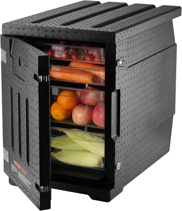 Food tray transportation box, 95-gallon insulated box for the catering industry, LLDPE food tray box with double clasps, front-mounted food heater with handle, suitable for stacking end loaders in restaurants, canteens, etc. black G3