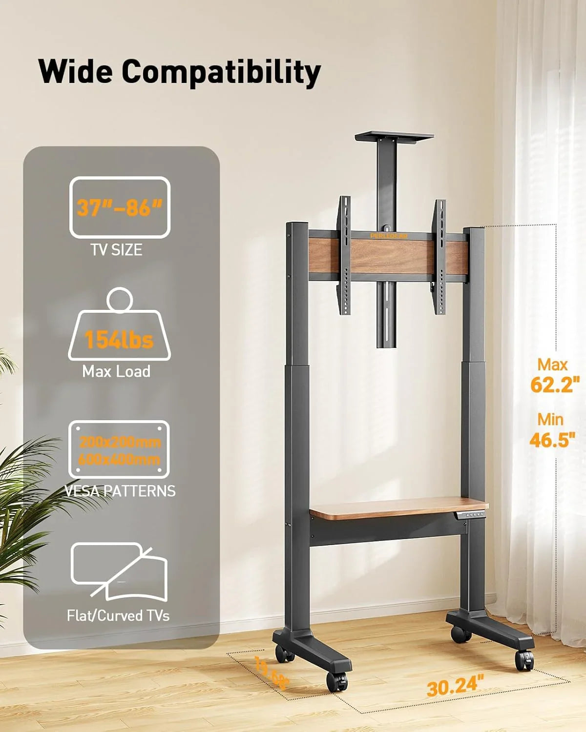 Motorized Mobile TV Stand on Wheels for 37–86 Inch TVs up to 154 lbs, Electric Height Adjustable Rolling TV Stand, VESA 200x200–600x400mm, Wooden Shelf & Panel, PGTVMC26B