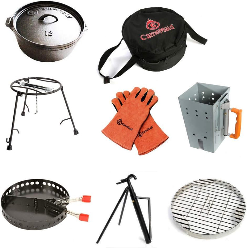 Outdoor Cooking Set - Dutch Oven and Tools Set - Charcoal Holder & Cast Iron Grill Accessories - Camping Grill Set - Outdoor Cooking Essentials - Camp Kitchen Equipment - (8 Piece Set) P4