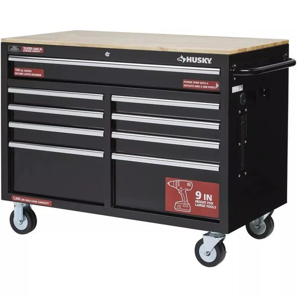 46 in. W x 24 in. D 9-Drawer Gloss Black Deep Tool Chest Mobile Workbench F6