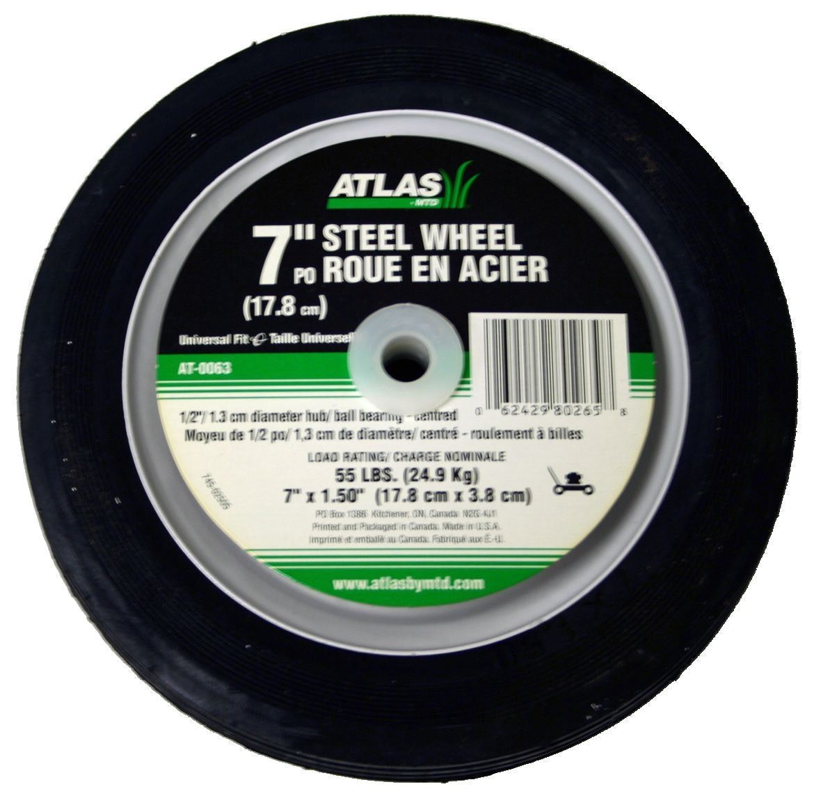 Atlas Steel Lawn Mower Wheel with Ball Bearings, 7-in x 1.5-in