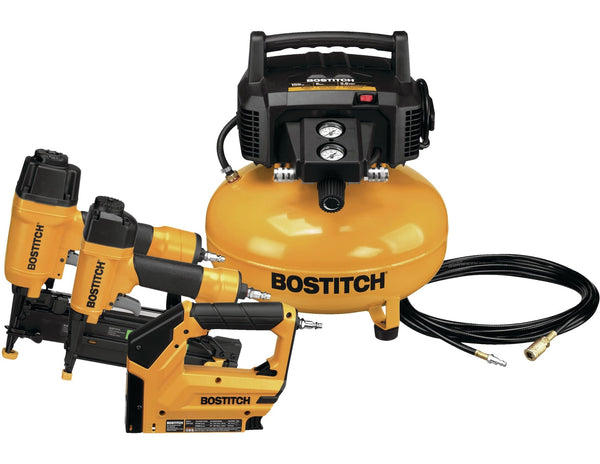 Bostitch Oil-Free Portable 3-Gun & Pancake Air Compressor Combo Kit, 150-PSI N0