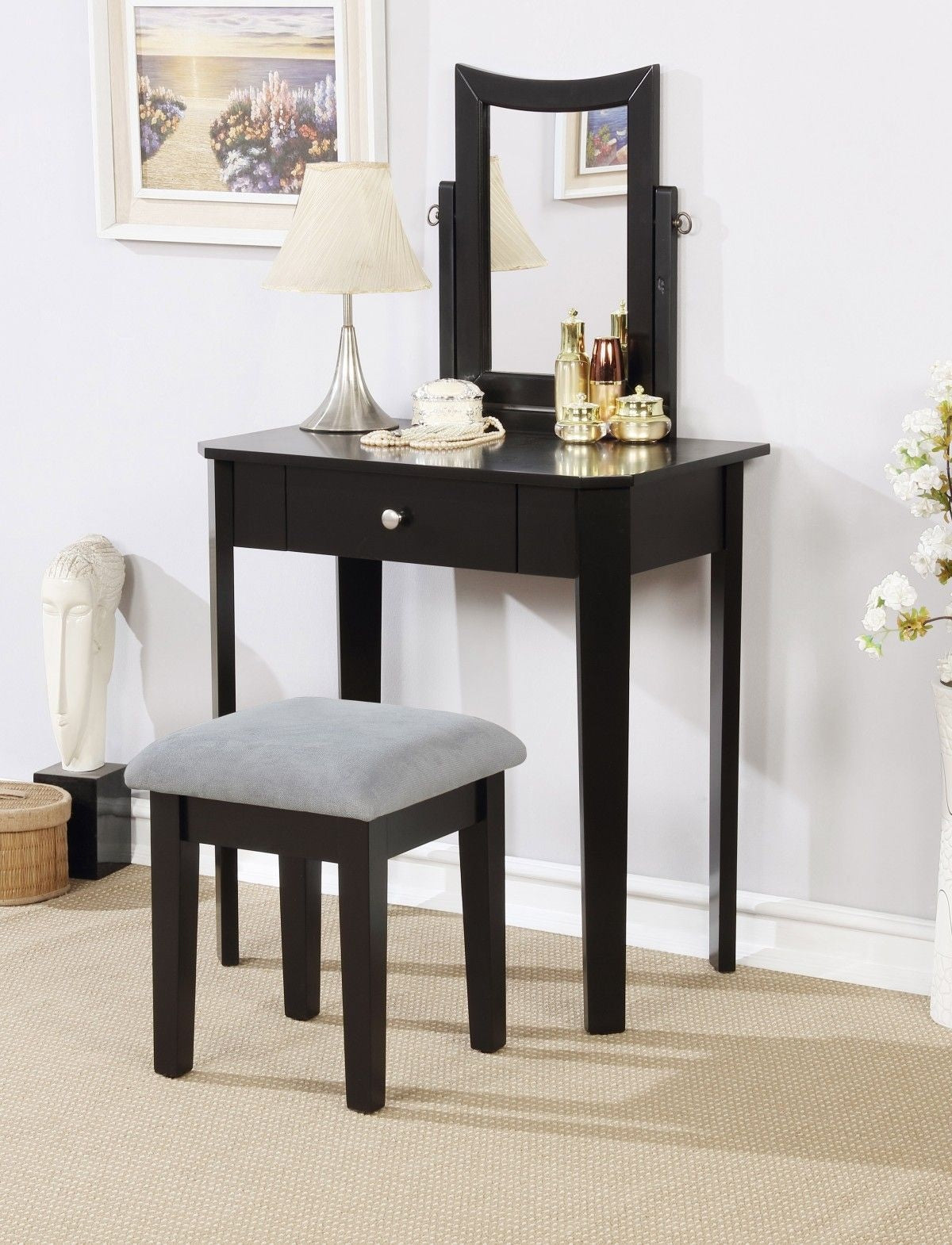 Brassex Celah 1-Drawer Black Dressing Table Makeup Vanity Set with Stool and Mirror