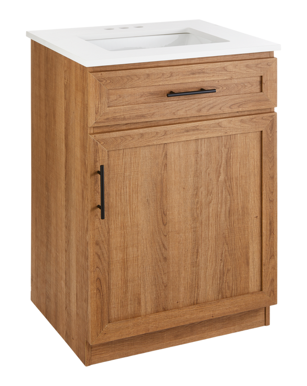 CANVAS Danville Single Door Single Sink Stone Top Bathroom Vanity, Honey Oak, 24-in V3