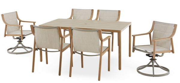 CANVAS Sauble Sling Outdoor Patio Dining Set with Swivel Chairs and Umbrella Hole, Tan, 7-pc M6
