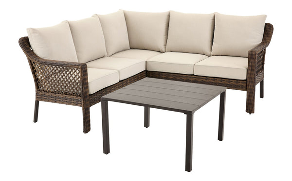 FOR LIVING Bracebridge All-Weather Wicker Outdoor Patio Sectional with Woodgrain Steel Table Top, Brown, 3-pc Q1
