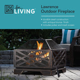 For Living Lawrence Steel Outdoor Wood Burning Fire Pit with Fireplace Poker, 25 x 25 x 26-in