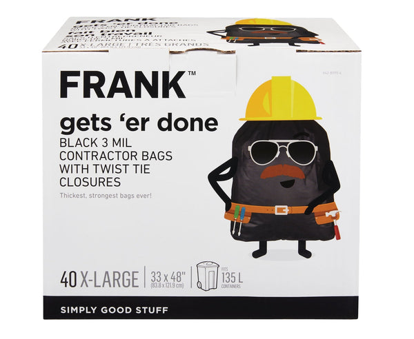 FRANK Extra-Large Twist-Tie Contractor Garbage Bags, 40-pk, Black, 135-L U5