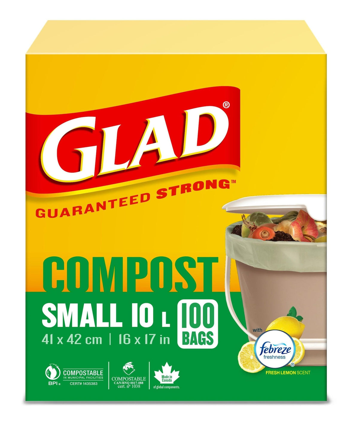 Glad Small 100% Compostable Febreze Lemon Scented Food Waste Bags, 100-pk, 10-L