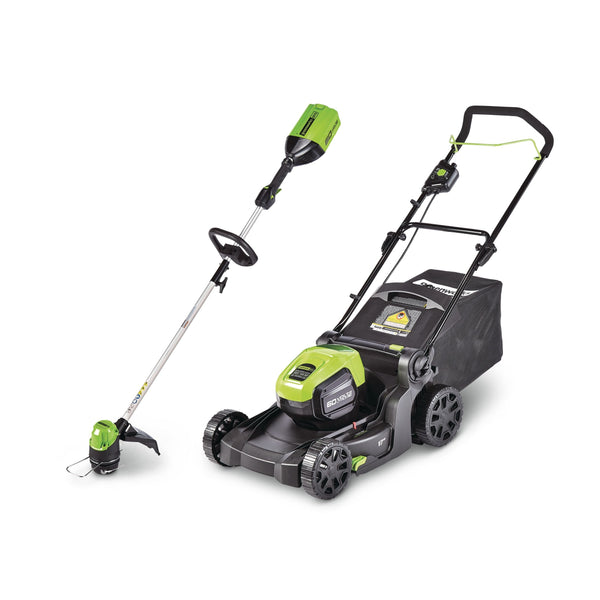 Greenworks 2-in-1 60V 4Ah Battery, Cordless Push Lawn Mower + String Trimmer, 17-in + 13-in D8