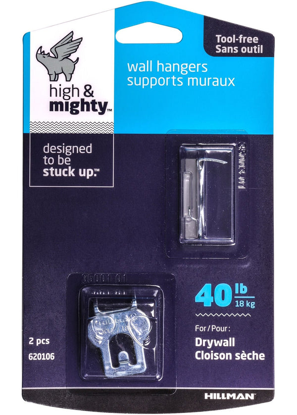 High & Mighty Canvas WAll Hanger, Easy to Remove, 40-lb Capacity, Silver, 2-pk P5