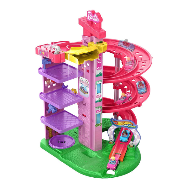 Hot Wheels Barbie Racerverse Toy Vehicle Track Set with 2 1:64 Die-Cast Vehicles and Figures A1