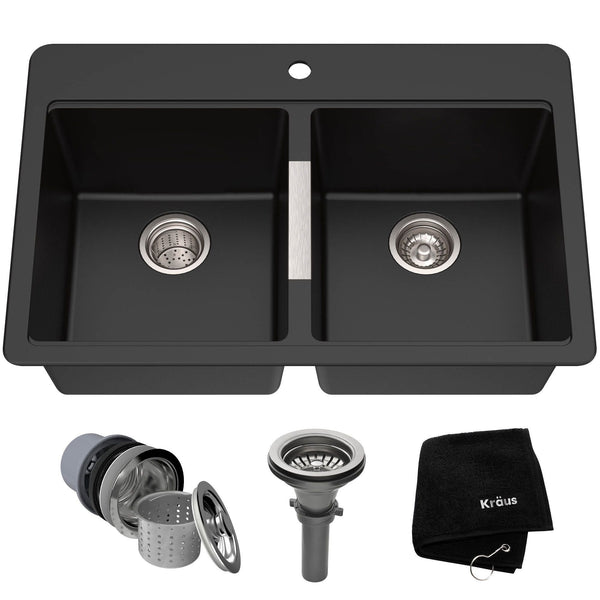 Kraus Quarza Undermount Granite Double Bowl Kitchen Sink, Black Onyx, 33x22x10-in K7