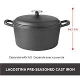 Lagostina Pre-Seasoned Casserole Dish, Cast Iron, Black, 6-qt