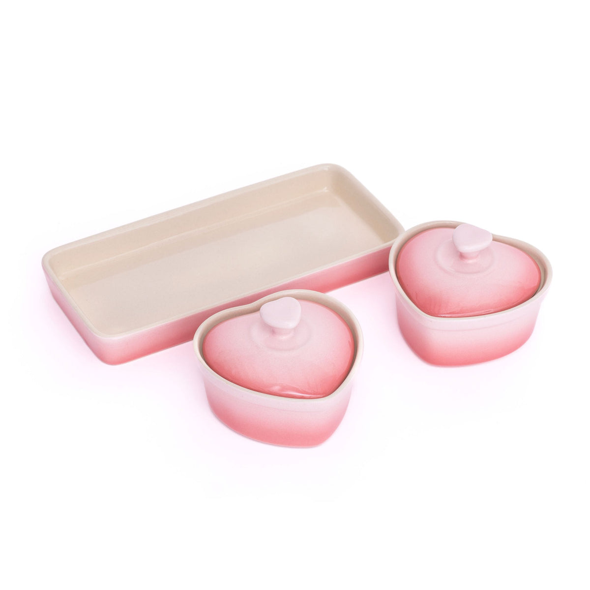 Lagostina Stoneware Heart Cocottes and Tray, Gradient Rose, 5-pc